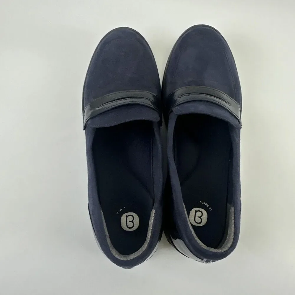 Bzees Fast‎ Track Platform Loafer Navy Blue Faux Suede Wedge Slip On Womens 10